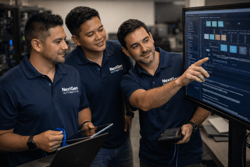 Managed IT services team reviewing system infrastructure on a shared workstation